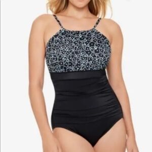 SWIM SOLUTIONS Women's Black Shirred High Neck One Piece Swimsuit